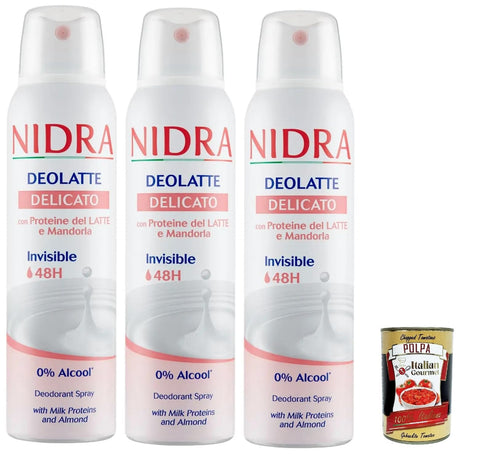 Italian Gourmet Deo Nidra Deodorante Deolatte Delicato Deodorant Spray mit Milchproteinen und Mandel Deo 3x 150ml + Italian Gourmet polpa 400g 8032804040014