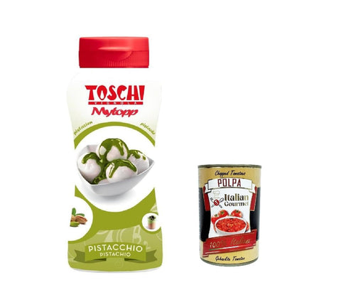 Italian Gourmet Dessertsaucen 12x Toschi Topping Squeeze Pistacchio, Topping Sauce für Kaffee, Cocktails, Eisbecher, Porridge, Pfannkuchen und Gebäck 200gr + Italian Gourmet polpa 400g 80556022