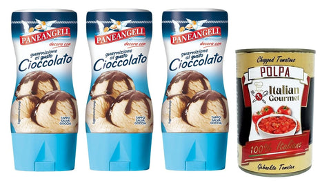 Paneangeli Salsa di guarnizione al gusto Cioccolato,Topping-Sauce mit Schokoladengeschmack,200g-Tube 3x Original italienisch inkl. Italian Gourmet Polpa di Pomodoro 400g Dose