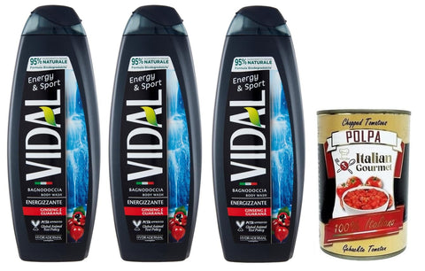 Vidal Energy & Sport Bagnodoccia Duschgel mit Ginseng und Guarana 500 ml 3x italienisch Original + gratis Polpa di Pomodoro 400 g Dose