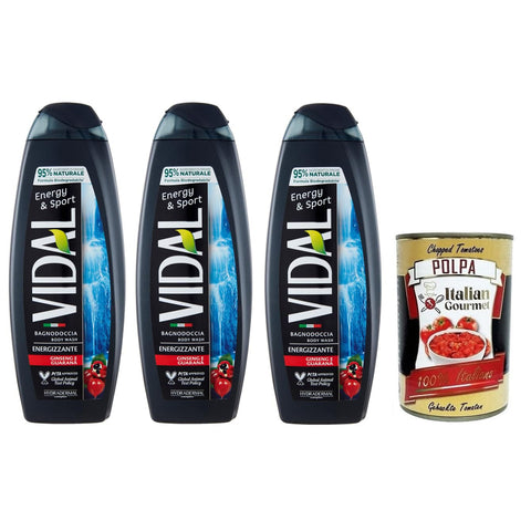 Vidal Energy & Sport Bagnodoccia Duschgel mit Ginseng und Guarana 500 ml 3x italienisch Original + kostenlos Polpa di Pomodoro 400 g Dose