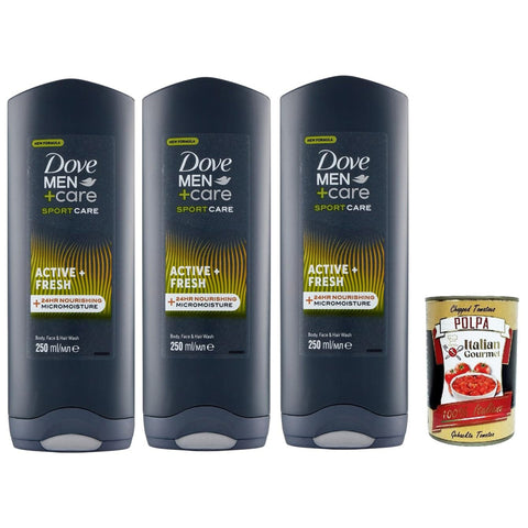 Dove Men+Care, shower gel 3 in 1, Sport Care Active + Duschbad für Körper, Gesicht und Haare mit 24 Stunden Pflegeeffekt, 3x 250 ml italienisch Original