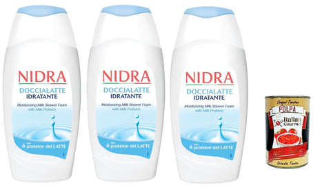 Italian Gourmet Duschgel Nidra Doccialatte Nutriente Duschgel Hilft, die Haut mit Feuchtigkeit zu versorgen und zu reinigen mit Milchproteinen 3x 250ml + Italian Gourmet polpa 400g 8032804040014