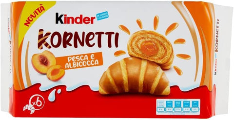 Ferrero Kinder Kornetti Pesca e Albicocca Cornetti Mit Pfirsich und Aprikose Gefüllte Croissants Packung mit 252g, jede Packung enthält 6 Croissants 3x Original italienisch