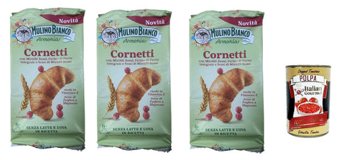 Italian Gourmet E.R. Abgepackte Gebäckstücke 3x Mulino Bianco Cornetti, Croissant süßer Snack, Ohne Milch und Eier, mit Blaubeeren, Vollkornmehl und roten Blaubeersamen 228 gr + Italian Gourmet polpa 400g 8032804040014