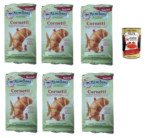 Mulino Bianco Cornetti, Croissant süßer Snack, Ohne Milch und Eier, mit Blaubeeren, Vollkornmehl und roten Blaubeersamen 228 gr 6x Original italienisch inkl. Italian Gourmet Polpa 400g