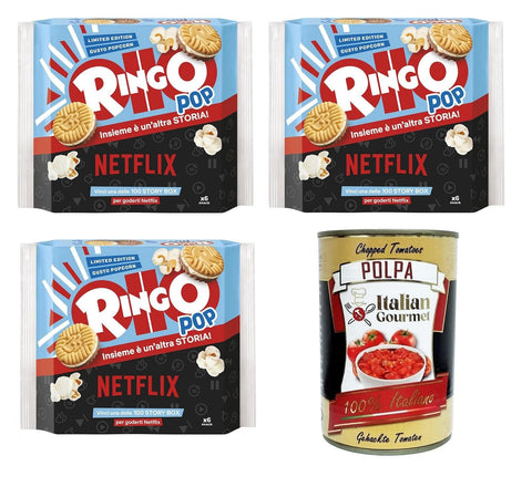 Italian Gourmet E.R. Abgepackte Gebäckstücke Pavesi Ringo Pop Kekse gefüllt mit Sahne mit Popcorngeschmack -3x 165 gr+ Italian Gourmet polpa 400g 8032804040014