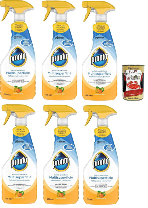 Italian Gourmet E.R. Allzweckreiniger Pronto Detergente Multisuperficie Agrumi pH-Balanced Mehrflächenreiniger, Zitrusduft, Recycelbare Flasche, Trigger Reinigungsmittel 6x 500ml Packung + Italian Gourmet polpa 400g 8032804040014