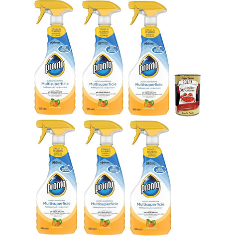 Pronto Detergente Multisuperficie Agrumi pH - Balanced Mehrflächenreiniger, Zitrusduft, Recycelbare Flasche, Trigger Reinigungsmittel Packung 6x 500ml inkl. Italian Gourmet polpa 400g Original italienisch