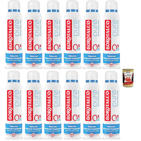 Borotalco deo deodorant Spray Puro Brezza Marina, mit Talk mit atmungsaktiven Molekülen, ohne Alkohol und Aluminiumsalze, 48 Stunden Wirksamkeit, 12x 150 ml Original italienisch inkl. Italian Gourmet Polpa 400g