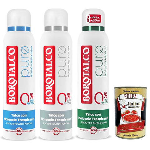 Borotalco Deodorante Spray Puro Testpaket, mit Talk mit atmungsaktiven Molekülen, Formel ohne Alkohol und Aluminiumsalze, trockene, 48 Stunden Wirksamkeit 3x 150ml Original italienisch inkl. Italian Gourmet Polpa 400g