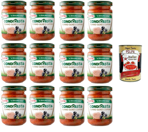 Italian Gourmet E.R. Aufstriche & Dips Berni Condipasta Tonno, Olive e capperi Thunfisch, Oliven und Kapern konserviertes Gewürz für erste Gänge und Bruschetta 12x130gr + Italian Gourmet polpa 400g 8032804040014