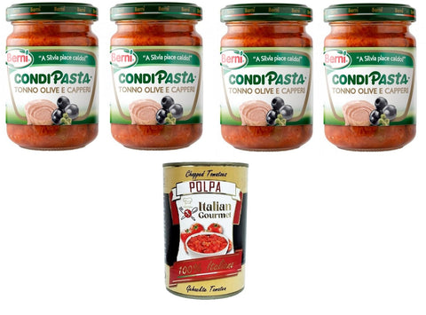 Italian Gourmet E.R. Aufstriche & Dips Berni Condipasta Tonno, Olive e capperi Thunfisch, Oliven und Kapern konserviertes Gewürz für erste Gänge und Bruschetta 4x130gr + Italian Gourmet polpa 400g 8032804040014