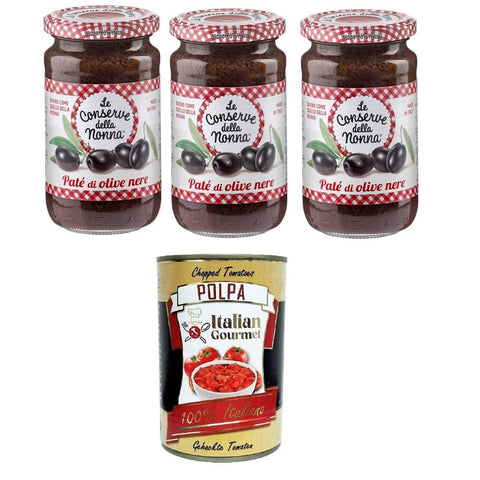 Le Conserve della Nonna Patè di Olive Nere Schwarze Olivenpastete - 3 Gläser à 190 g Original italienisch inkl. Italian Gourmet Polpa 400g