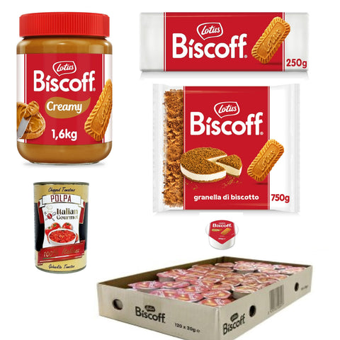 Lotus Biscoff TestpaketStreichcreme 1,6 kg, Kekskrümel 750 g. Kekse 250 g. Einzeldosis-Creme 120 Stück à 20 g Original italienisch inkl. Italian Gourmet Polpa 400g