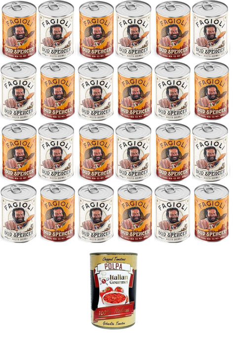 Italian Gourmet E.R. Baked Beans Fagioli alla Bud Spencer Testpaket Tex Mex und Borlotti, Bud Power- Bud-Spencer-Tex Mex Bohnen fertig zum Probieren 24x 400gr + Italian Gourmet polpa 400g