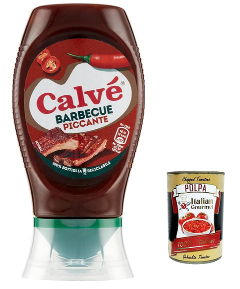 Italian Gourmet E.R. Barbequesaucen 12x Calvé, Salsa Barbeque Piccante, Würzige BBQ-Sauce, ideal für gegrilltes und nicht gegrilltes Fleisch, 250ml + Italian Gourmet polpa 400g 8712100599293