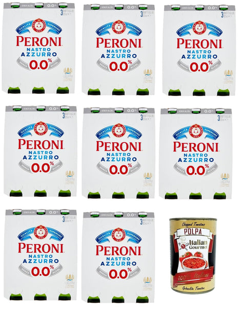 Italian Gourmet E.R. Bier 24x BIRRA Peroni Nastro azzurro zero alkoholfrei Flaschen Bier 0% Alk. 0,33l Flasche + Italian Gourmet polpa 400g 8008440542007