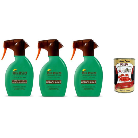 Bilboa Aquabronze Glacier Mint Bräunungsspray mit Menthol und Aloe Vera, erfrischt und befeuchtet die Haut, ideal für dunkle und gebräunte Haut, 3x 250 ml Original italienisch inkl. Italian Gourmet Polpa 400g