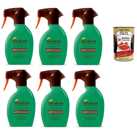 Bilboa Aquabronze Glacier Mint Bräunungsspray mit Menthol und Aloe Vera, erfrischt und befeuchtet die Haut, ideal für dunkle und gebräunte Haut 6x 250 ml inkl. Italian Gourmet polpa 400g Original italienisch
