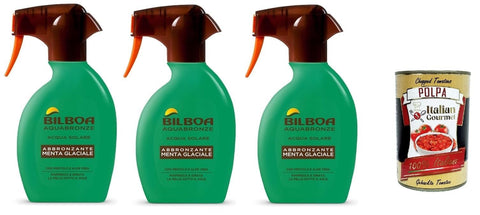 Italian Gourmet E.R. Bräunungsbeschleuniger Bilboa Aquabronze Glacier Mint Bräunungsspray mit Menthol und Aloe Vera, erfrischt und befeuchtet die Haut, ideal für dunkle und gebräunte Haut, 3x 250 ml + Italian Gourmet polpa 400g 8032804040014