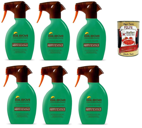 Italian Gourmet E.R. Bräunungsbeschleuniger Bilboa Aquabronze Glacier Mint Bräunungsspray mit Menthol und Aloe Vera, erfrischt und befeuchtet die Haut, ideal für dunkle und gebräunte Haut, 6x 250 ml + Italian Gourmet polpa 400g 8032804040014
