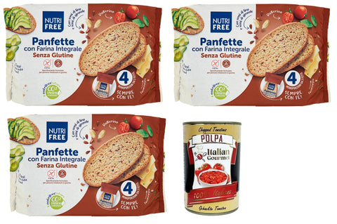 Nutrifree Panfette con Farina Integrale,Glutenfreies Brot mit Vollkorn-Buchweizenmehl,Packung mit 340g 3x Original italienisch inkl. Italian Gourmet Polpa di Pomodoro 400g Dose