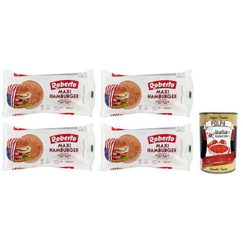 Roberto Maxi Hamburger Integrale Brot mit Vollkornmehl und Sesamkörnern,Packung mit 300g, Jede Packung enthält 4 Hamburger Buns 4x Original italienisch inkl. Italian Gourmet Polpa di Pomodoro 400g Dose
