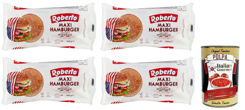 Roberto Maxi Hamburger Integrale Brot mit Vollkornmehl und Sesamkörnern,Packung mit 300g, Jede Packung enthält 4 Hamburger Buns 4x Original italienisch inkl. Italian Gourmet Polpa di Pomodoro 400g Dose