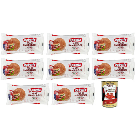 Roberto Maxi Hamburger Integrale Brot mit Vollkornmehl und Sesamkörnern,Packung mit 300g, Jede Packung enthält 4 Hamburger Buns 8x Original italienisch inkl. Italian Gourmet Polpa di Pomodoro 400g Dose