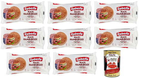 Roberto Maxi Hamburger Integrale Brot mit Vollkornmehl und Sesamkörnern,Packung mit 300g, Jede Packung enthält 4 Hamburger Buns 8x Original italienisch inkl. Italian Gourmet Polpa di Pomodoro 400g Dose
