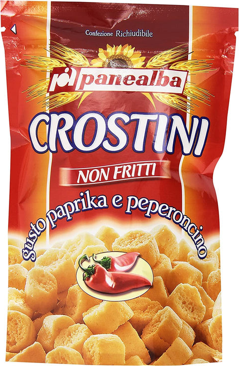 Italian Gourmet E.R. Brot- & Käsestangen 6x Panealba Crostini Paprika e Peperoncino Croutons mit Paprika and Chilli Gesalzener Snack Nicht Gebraten Nicht Frittiertes 100g 8002333009516