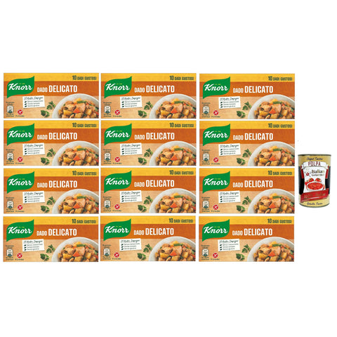 Knorr Delicato dado brodo Suppenwürfel Brühe sanft 10 pz, Nachhaltige Gemüsebrühe, glutenfrei, Laktose und Konservierungsmittel, für Suppen und gegrilltes Fleisch 12x inkl. Italian Gourmet polpa 400g Original italienisch