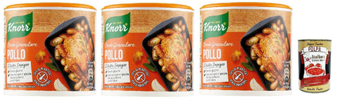 Italian Gourmet E.R. Brühe 3x Knorr Brodo Granulare Pollo granulierte Hühnerbrühe 150g, Nachhaltige Gemüsebrühe, glutenfrei, Laktose und Konservierungsmittel, für Suppen und gegrilltes Fleisch + Italian Gourmet polpa 400g 8032804040014