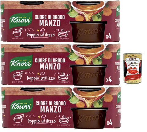 Italian Gourmet E.R. Brühe 3x Knorr Cuore di Brodo Manzo, Zum Verdünnen, mit nachhaltigem Gemüse, glutenfrei, glutamatfrei*, ohne Konservierungsstoffe, 112 g + Italian Gourmet polpa 400g 8032804040014