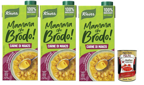 Italian Gourmet E.R. Brühe 3x Knorr Mamma Che Brodo! Rindfleisch - Bereitsbrühe 100% natürliche Zutaten, glutenfrei, Laktose und Farbstoffen, mit nachhaltigem Landwirtschaftsgemüse - 1l + Italian Gourmet polpa 400g 8032804040014