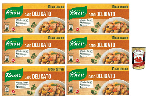 Italian Gourmet E.R. Brühe 6x knorr Delicato dado brodo Suppenwürfel Brühe sanft 10 pz, Nachhaltige Gemüsebrühe, glutenfrei, Laktose und Konservierungsmittel, für Suppen und gegrilltes Fleisch + Italian Gourmet polpa 400g 8032804040014