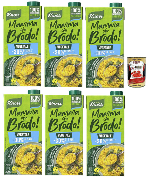Italian Gourmet E.R. Brühe 6x Knorr Mamma Che Brodo! Gemüsebrühe mit -30% * Salz, natürliche Zutaten und Gemüse aus nachhaltiger Landwirtschaft, Gluten -frei und Laktose -1L + Italian Gourmet polpa 400g 8032804040014