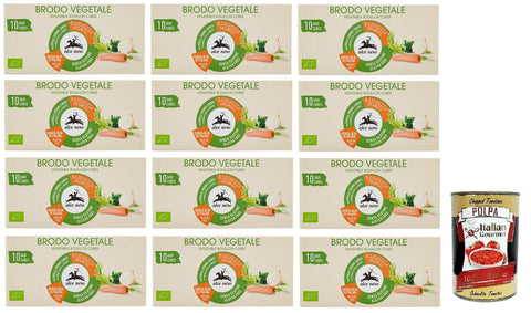 Italian Gourmet E.R. Brühe & Fond 12x Alce Nero Brodo Vegetale,Zubereitet für Bio-Brühe in Würfeln,Packung mit 100g, jede Packung enthält 10 Bio-Gemüsebrühwürfel à 10g + Italian Gourmet Polpa di Pomodoro 400g Dose 8009004810167