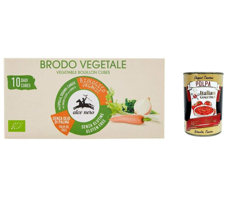 Italian Gourmet E.R. Brühe & Fond 6x Alce Nero veggie dado brodo vefetale Vegetarisch Suppenwürfel Brühe reich an Geschmack 10 pz + Italian Gourmet polpa 400g 8009004810167