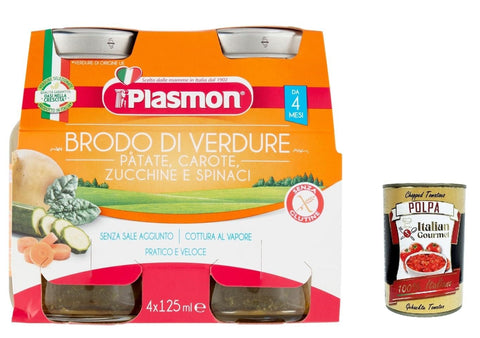 Italian Gourmet E.R. Brühe & Fond 6x Plasmon Brodo Di Verdure, Gemüsebrühe mit Kartoffeln, Karotten, Zucchini und Spinat 4x125g Liquido + Italian Gourmet polpa 400g 8001040062203