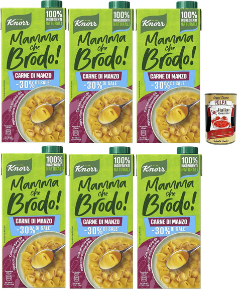 Italian Gourmet E.R. Brühe Knorr Mamma Che Brodo! Carne di Manzo, Fertigbrühe mit -30%* Salz, 100% natürliche Zutaten, Gemüse aus nachhaltiger Landwirtschaft, Gluten-, 6x 1Lt + Italian Gourmet polpa 400g 8032804040014