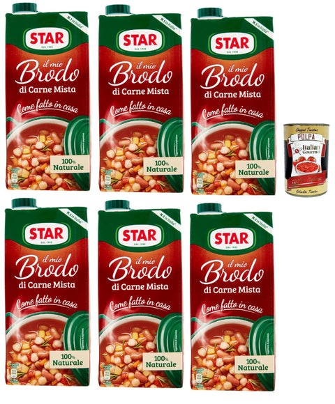 Italian Gourmet E.R. Brühe STAR Il Mio Brodo di Carne Mista, 6x 1L, Bereit -hergestellte flüssige Brühe, 100% natürlich, ohne Konservierungsstoffe, Gluten -freie und hinzugefügte glutamatfreie + Italian Gourmet polpa 400g 8032804040014