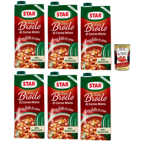 Star Il Mio Brodo di Carne Mista, 6x 1L, Bereit -hergestellte flüssige Brühe, 100% natürlich, ohne Konservierungsstoffe, Gluten -freie und hinzugefügte glutamatfreie Original italienisch inkl. Italian Gourmet Polpa 400g