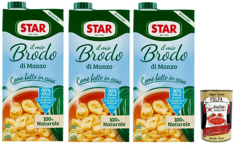 Italian Gourmet E.R. Brühe STAR Il Mio Brodo di Manzo - 30% salz, 3x 1L, Bereit -hergestellte flüssige Brühe, 100% natürlich, ohne Konservierungsstoffe, Gluten -freie und hinzugefügte glutamatfreie + Italian Gourmet polpa 400g 8032804040014