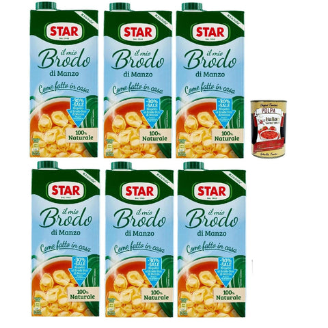 Star Il Mio Brodo di Manzo - 30% salz,, Bereit - hergestellte flüssige Brühe, 100% natürlich, ohne Konservierungsstoffe, Gluten - freie und hinzugefügte glutamatfreie 6x 1L inkl. Italian Gourmet polpa 400g Original italienisch