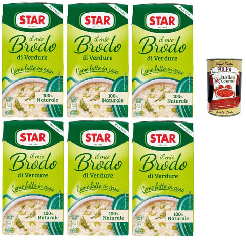 Italian Gourmet E.R. Brühe STAR Il Mio Brodo di Verdure, 6x 1L, Gemüse -Bereit -hergestellter flüssiger Brühe, 100% natürlich, ohne Konservierungsstoffe, glutenfreie und ungesunde Glutamat + Italian Gourmet polpa 400g 8032804040014