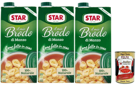 Italian Gourmet E.R. Brühe STAR Il Mio Brodo Manzo, 3x 1L, Bereit -hergestellte flüssige Brühe, 100% natürlich, ohne Konservierungsstoffe, Gluten -freie und hinzugefügte glutamatfreie + Italian Gourmet polpa 400g 8032804040014