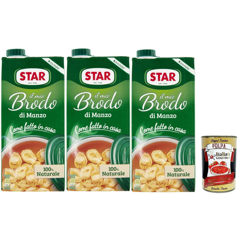 Star Il Mio Brodo Manzo, 3x 1L, Bereit -hergestellte flüssige Brühe, 100% natürlich, ohne Konservierungsstoffe, Gluten -freie und hinzugefügte glutamatfreie Original italienisch inkl. Italian Gourmet Polpa 400g