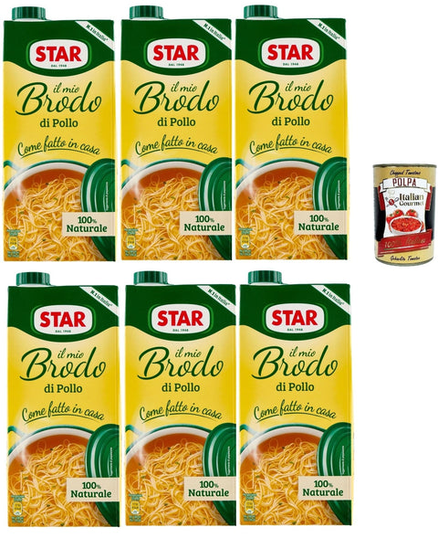 Italian Gourmet E.R. Brühe STAR Il Mio Brodo Pollo, 6x 1L, Bereit -hergestellte flüssige Brühe, 100% natürlich, ohne Konservierungsstoffe, Gluten -freie und hinzugefügte glutamatfreie + Italian Gourmet polpa 400g 8032804040014